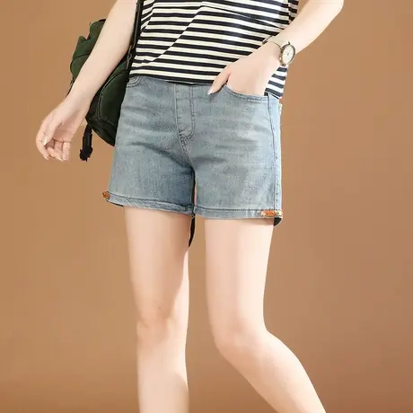 韩潮袭人松紧腰直筒牛仔短裤女2023夏新款显瘦热裤休闲哈伦裤子薄商品大图