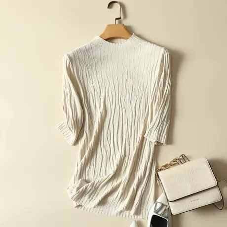 春装2023年新款冰丝针织打底衫女薄款内搭半高领上衣宽松短袖t恤图片