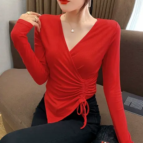 不规则红色打底衫女洋气百搭性感V领抽绳长袖T恤上衣欧货紧身小衫商品大图
