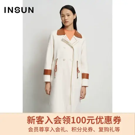 恩裳商场同款冬季时尚双排扣腰带经典撞色翻领毛呢外套商品大图