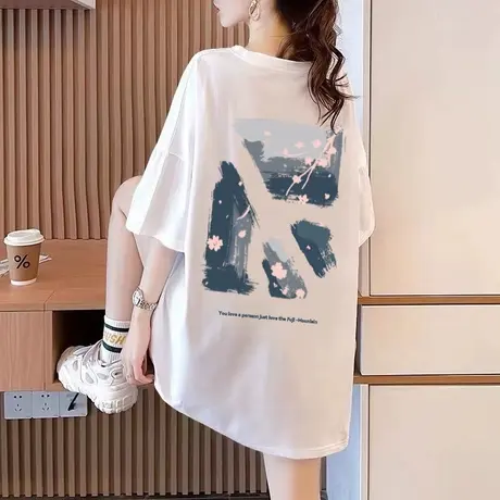 潮牌短袖t恤女2023夏季新款设计感小众半袖体恤中长款遮屁股上衣商品大图