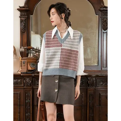 弥古复古马甲背心女春秋外穿小众撞色v领针织衫坎肩马夹衬衫外搭商品大图