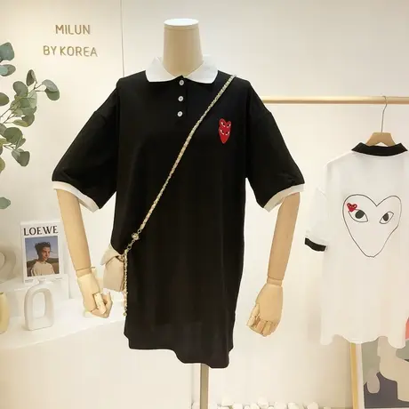 夏季新款连衣裙韩国东大门ins刺绣大爱心polo领T恤裙中长款宽松潮图片
