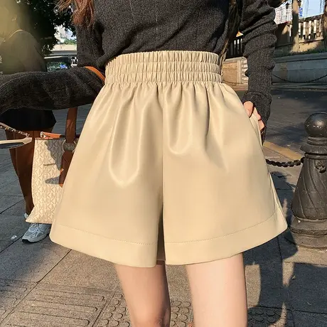 宽松休闲显瘦网红高腰阔腿皮短裤女2022秋冬新款纯色a字靴裤外穿商品大图