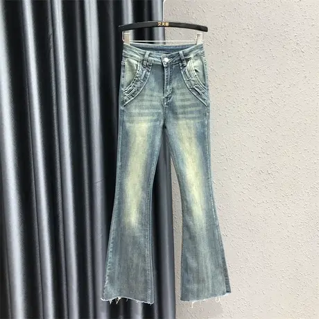 2023秋装女新款网红辣妹修身显瘦牛仔裤潮气质时尚高腰弹力微喇裤商品大图