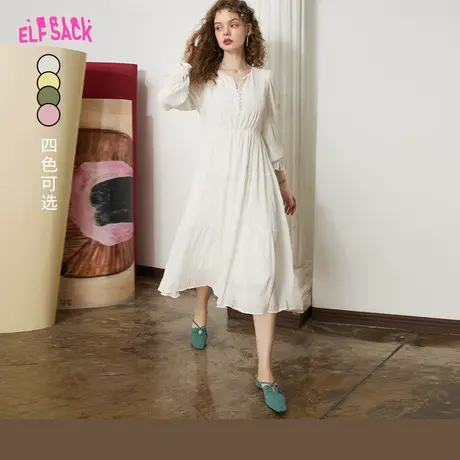 妖精的口袋褶皱雪纺白色连衣裙女2023春夏季新款长袖气质仙女裙子图片