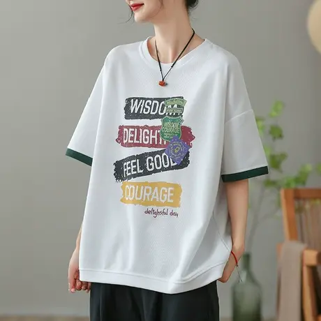 dza复古字母纯棉短袖T恤女2023夏季薄款圆领打底体恤宽松套头上衣商品大图