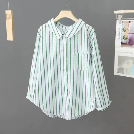 绿色条纹衬衫女2023春款韩版百搭宽松竖条纹打底衫叠穿棉质上衣商品大图