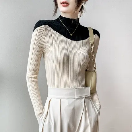 半高领长袖打底衫女奶系穿搭2023早秋新款内搭拼接针织体恤上衣商品大图