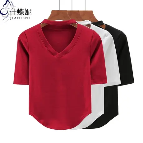 早秋新款韩版V领下摆圆弧修身显瘦纯棉纯色中袖体恤上衣内搭女装商品大图