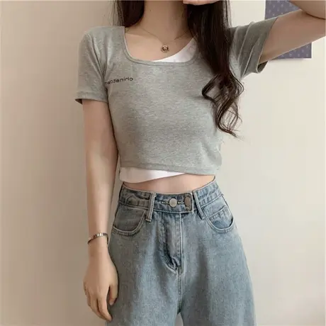 ins超火修身短袖拼接韩版假两件短款露脐T恤2021年夏装新款上衣潮图片