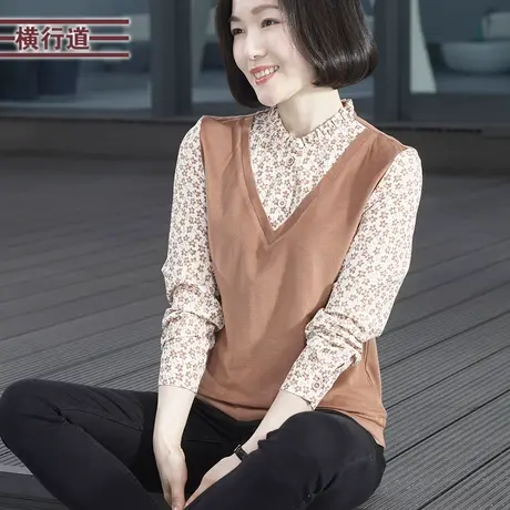 横行道2023新款简约清新立领假两件碎花宽松长袖上衣女显瘦妈妈装图片