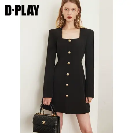 DPLAY2022早秋新款纯色通勤高腰连衣裙轻奢款复古方领宽肩小黑裙图片