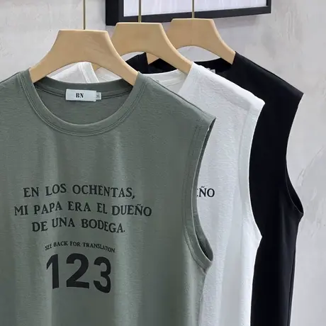 洗水棉背心白色夏季男士无袖T恤INS印花坎肩圆领潮牌运动健身街头商品大图