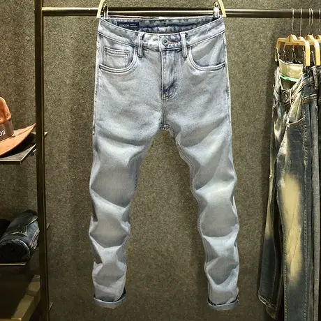 浅色潮牌男士牛仔裤修身弹力小脚裤春秋新款时尚百搭男生显瘦长裤商品大图