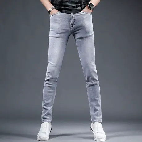 夏季冰丝浅灰色牛仔裤男款修身小脚2023新款高端弹力百搭休闲男裤商品大图