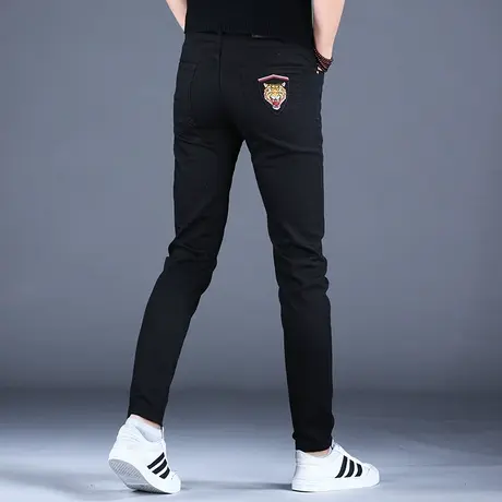 男士黑色刺绣牛仔裤男春秋修身小脚2023新款老虎休闲裤子高端潮牌图片