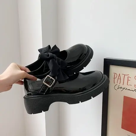 玛丽珍小皮鞋女2023新款春秋薄款日系中跟jk鞋厚底蝴蝶结粗跟单鞋商品大图