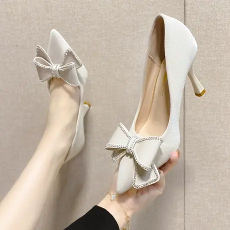 蝴蝶结单鞋女2023春秋新款鞋子黑色细跟通勤职业高级感法式高跟鞋商品大图