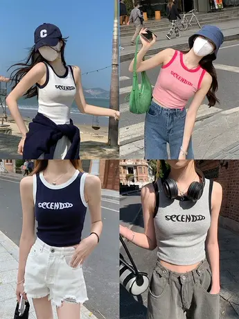吊带背心女内搭春夏圆领设计感拼接撞色字母印花短款辣妹修身上衣商品大图