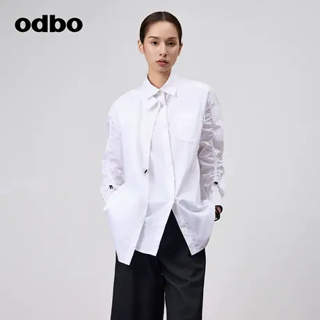 odbo/欧迪比欧时尚设计感小众抽褶长袖白色衬衫女春季新款双层领商品大图