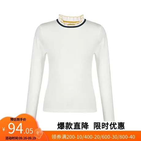 【艾格】2023春季新款甜美打底衫女花瓣领拼色长袖套头针织衫图片