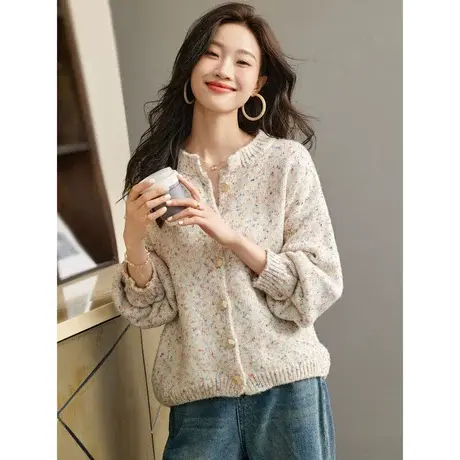 时尚气质撞色通勤毛衣开衫女士2023年秋季新款百搭休闲圆领上衣商品大图