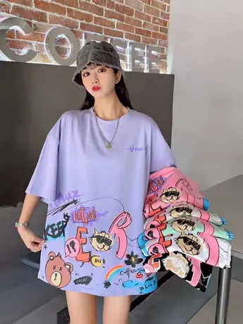 卡通印花短袖t恤女宽松设计感2023夏季新款中长款大码学生上衣ins商品大图