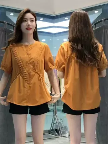 复古泡泡短袖衬衣设计感褶皱斜抽绳衬衫女宽松气质高级感小上衣潮图片
