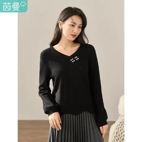 茵曼气质针织毛衣女2023年冬季新款优雅V领盘扣宽松显瘦长袖上衣图片