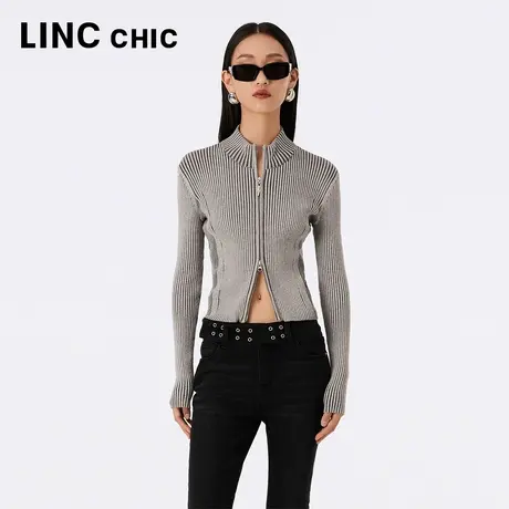 LINCCHIC金羽杰针织开衫女2023年秋季新款潮酷机能感立领修身毛衣商品大图