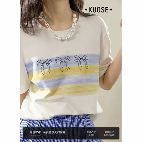 阔色蝴蝶结印花条纹晕染针织衫女2025夏季新款正肩短袖T恤白上衣商品大图