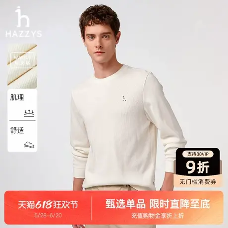 【华夫格】Hazzys哈吉斯男士春夏休闲圆领肌理感长袖T恤卫衣上衣图片