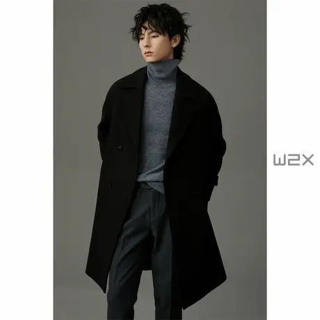 w2x冬季加厚款羊毛呢大衣男中长款高级感痞帅妮子风衣设计感外套商品大图