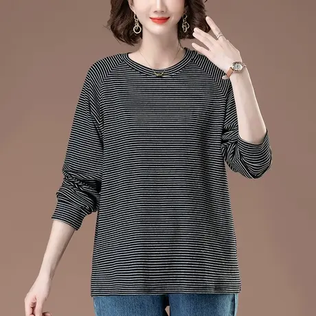 条纹长袖T恤女打底衫春秋季加肥加大码女装中年妈妈休闲显瘦上衣商品大图