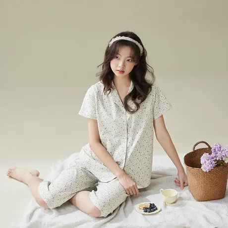 安之伴女士睡衣夏季2025年新款纯棉短袖七分裤套装甜美可爱家居服商品大图