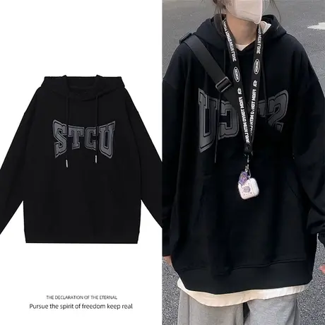 oversize美式复古加绒卫衣大码女ins潮chic港味秋冬保暖连帽外套商品大图