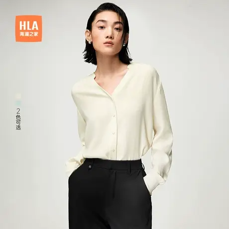 HLA/海澜之家宽松长袖休闲衬衫25春夏新V领时尚弹力通勤上衣女装商品大图