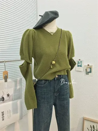 2022秋冬新款设计感时尚甜酷针织薄款圆领套头公主短袖毛衣送袖套图片