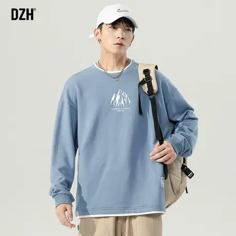 男生蓝色假两件t恤男长袖圆领印花上衣2023年新款卫衣秋季打底衫商品大图