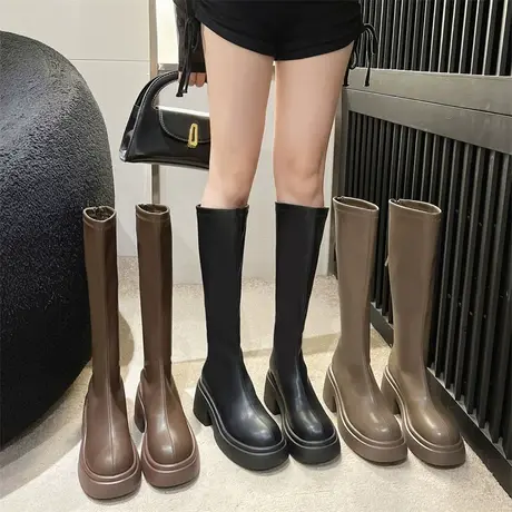 复古高跟粗跟靴子女2023春秋新款洋气显瘦骑士靴法式时装不过膝靴图片