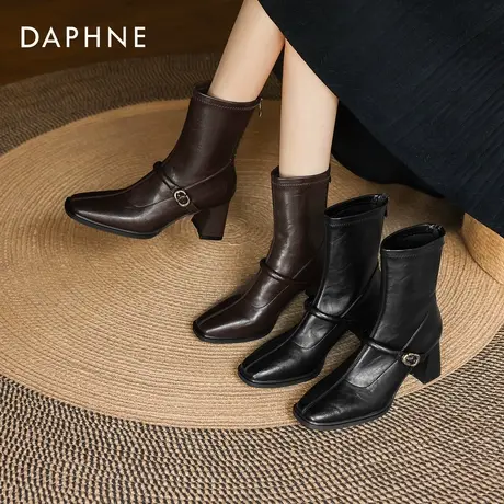 达芙妮黑色短靴女2025新款秋季时尚马丁靴通勤粗跟女靴中筒瘦瘦靴商品大图
