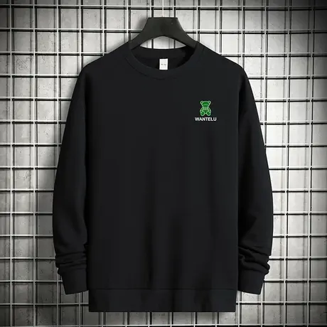 380g重磅纯棉黑色卫衣男潮牌小熊无帽上衣摇粒绒加绒加厚圆领长袖商品大图