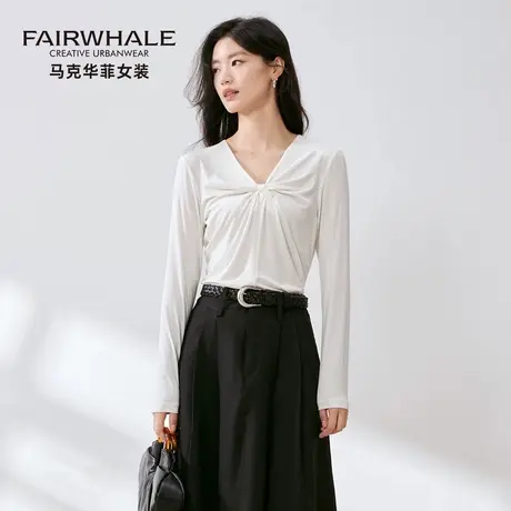 马克华菲法式V领长袖T恤女打底衫2025新款设计感小众修身气质上衣商品大图