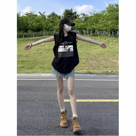 黑色坎肩背心女夏外穿2025新款美式跨栏运动宽松休闲无袖上衣t恤图片