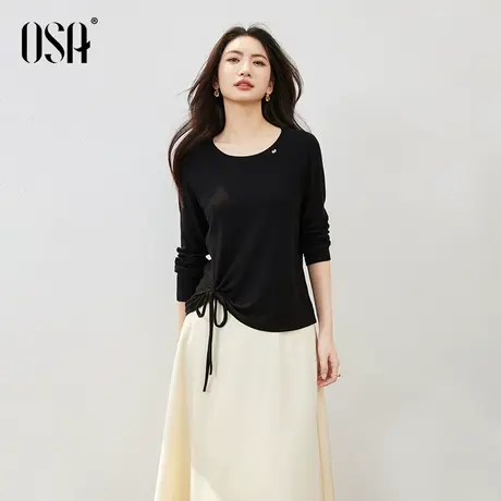 OSA欧莎圆领系绳收腰针织t恤女2025秋季新款设计感长袖上衣打底衫商品大图