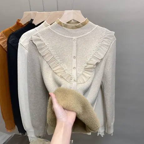 一体绒半高领毛衣女加绒加厚打底衫2023秋冬新款针织衫蕾丝上衣潮商品大图