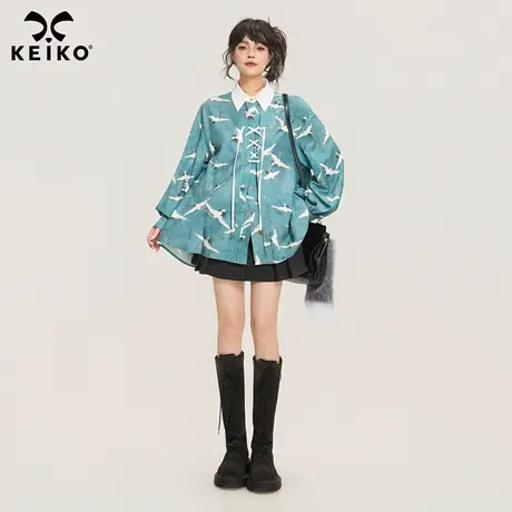 KEIKO 新中式湖蓝色长袖衬衫女25秋季高级感拼色翻领国风绑带上衣图片