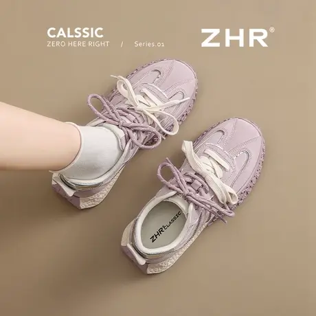 ZHR紫色德训鞋女2025新款秋季厚底休闲阿甘鞋真皮透气软底运动鞋商品大图