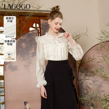 【莱赛尔】LAGOGO米白色蕾丝衫女拉谷谷秋新款轻薄蝴蝶结长袖衬衫商品大图